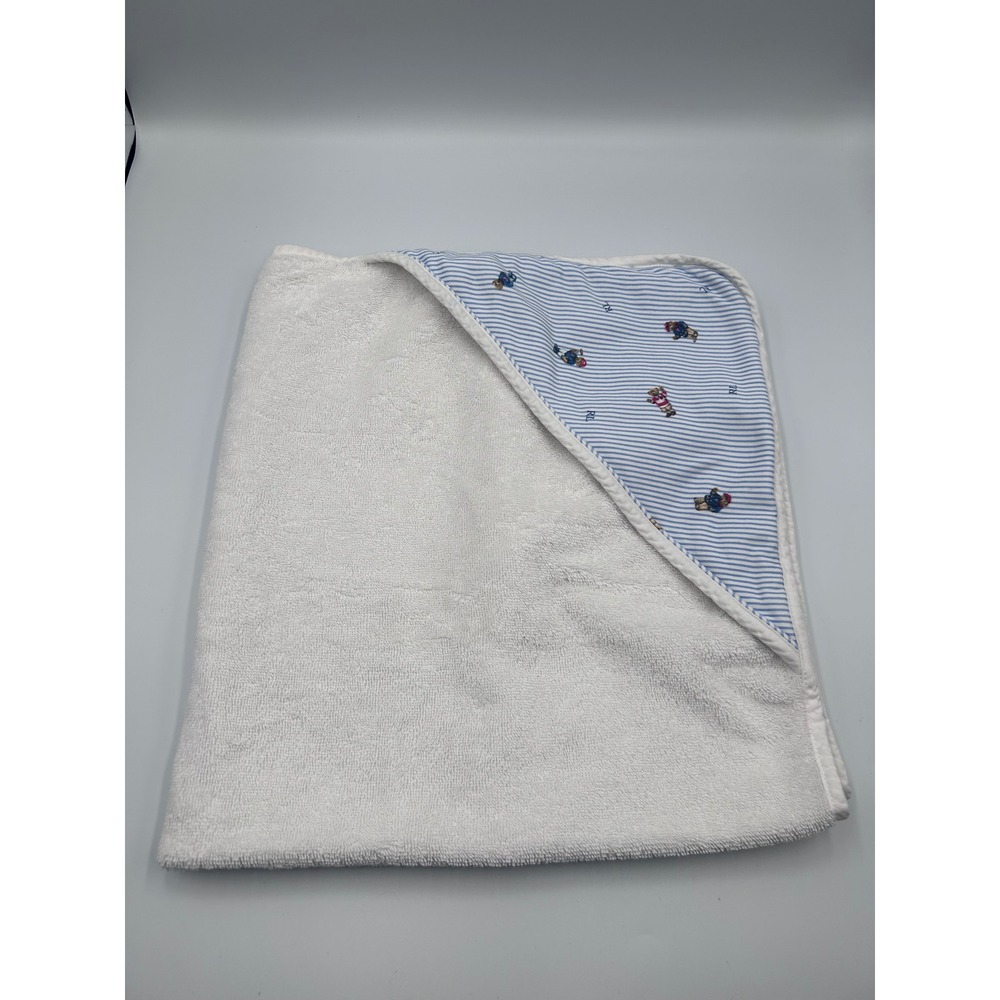 Ralph Lauren Baby Hooded Towel White Blue Striped Polo Bear Print 100% Cotton